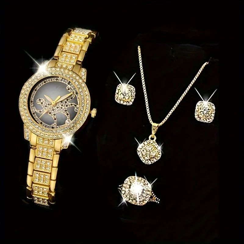 Luxury Watch Gift For Her - 5 adet/set Kadın Saati Çita Leopar