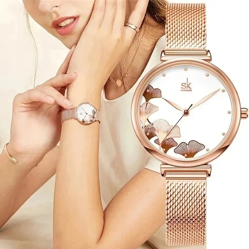 Luxury Watch Gift For Her - Lüks kadın ginkgo yaprağı desenli saat,